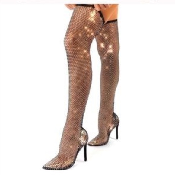 Embellished Fishnet Thigh Hi Boots - Picture 2 of 16
